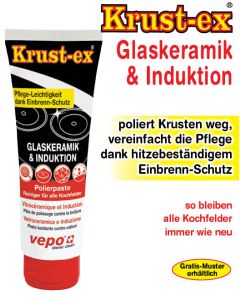 Krust-ex Glaskeramik & Induktion entfernt schonend mit Haushaltpapier eingebrannte Krusten. Gleichzeitig wird ein hochhitzebeständiger, wasser- und schmutzabweisender Pflegefilm aufgetragen. Einzigartig in Anwendung und Wirkung.