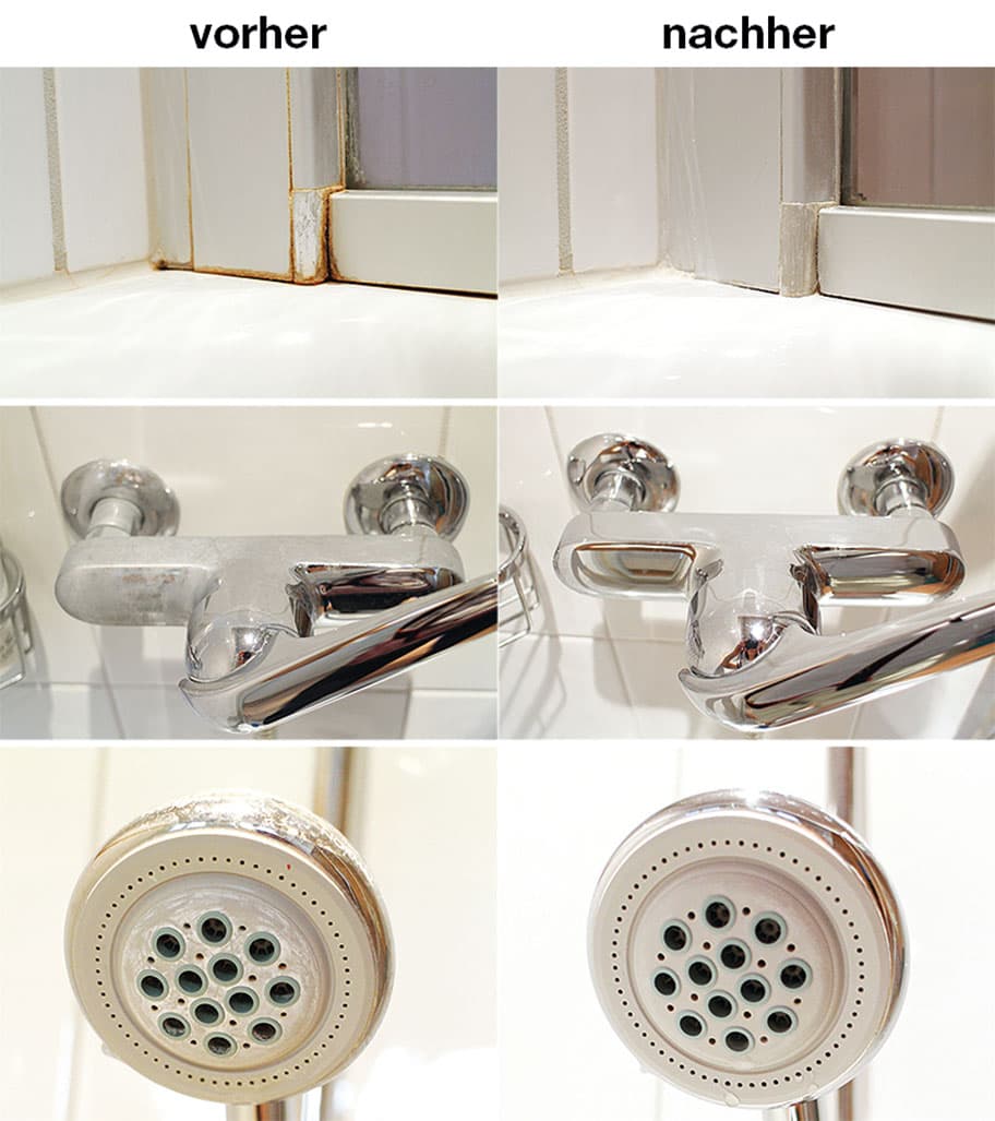 Duschkabine, Armatur und Duschkopf vor und nach der Reinigung mit vepochrom Forte Entkalker-Reiniger.