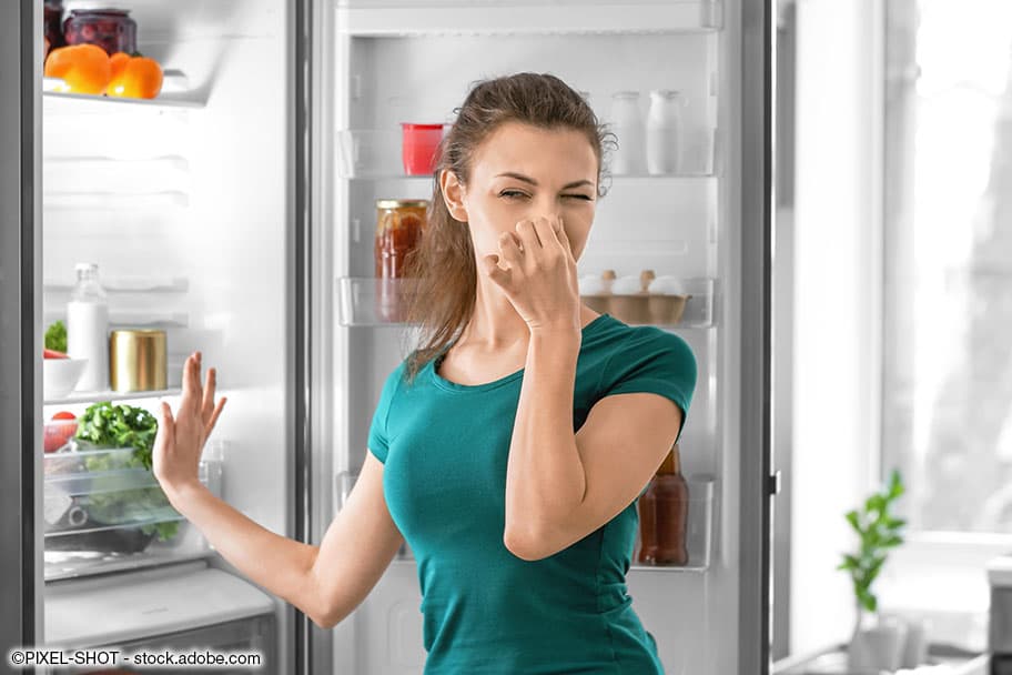 Frau steht vor dem geöffneten Kühlschrank und hält sich die Nase zu, weil es stinkt.