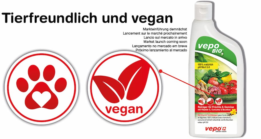 Produkt zum Reinigen von Früchten und Gemüsen, Vegan Zeichen, Tierfreunndlich Zeichen