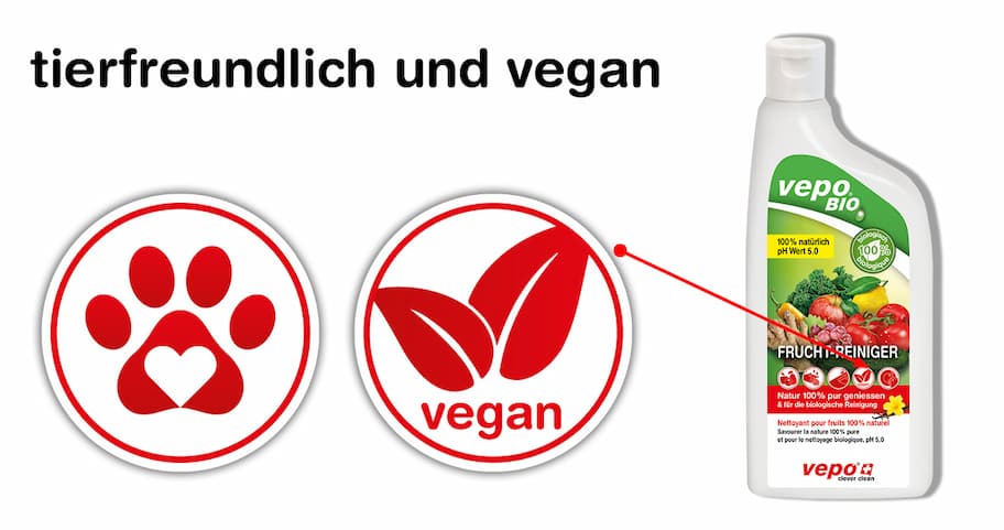 Produkt zum Reinigen von Früchten und Gemüsen, Vegan Zeichen, Tierfreunndlich Zeichen