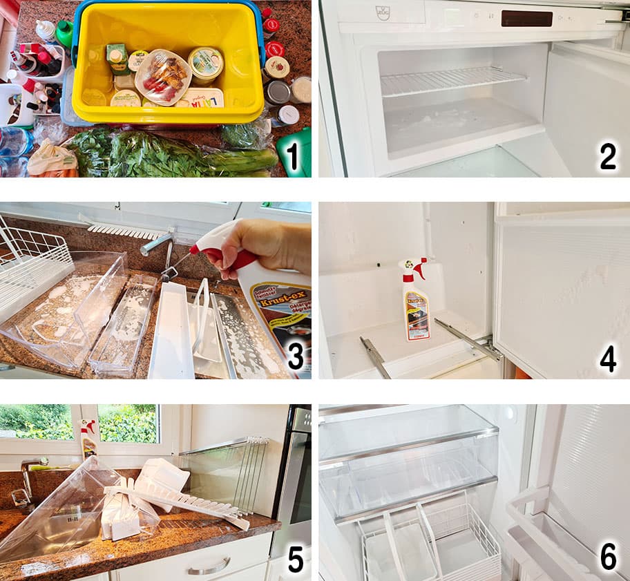 Schritt für Schritt der Kühlschrank Reinigung mit Krust-ex Schmutz+Fettlöser.