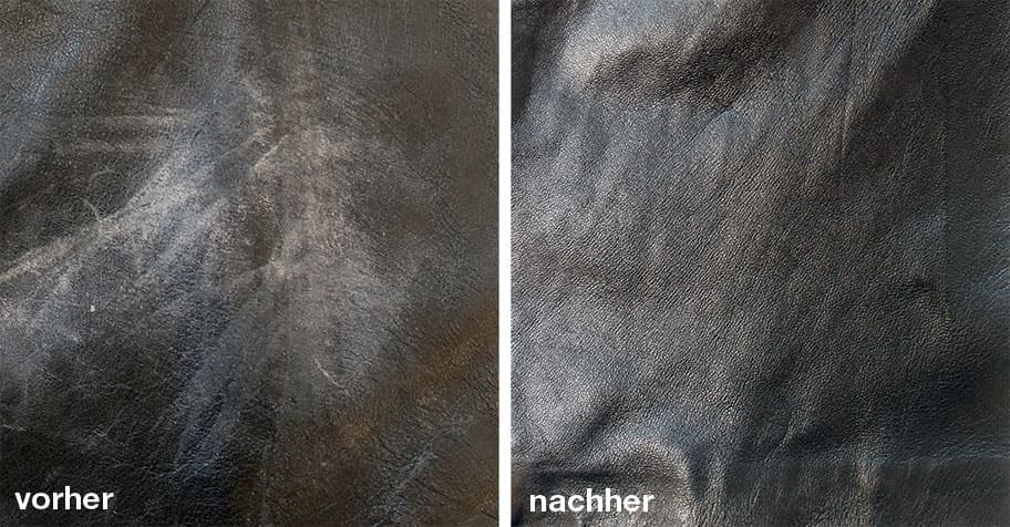 schwarzes, glattes Leder vor- und nach der Reinigung mit vepolin Leder-Pflege von vepo