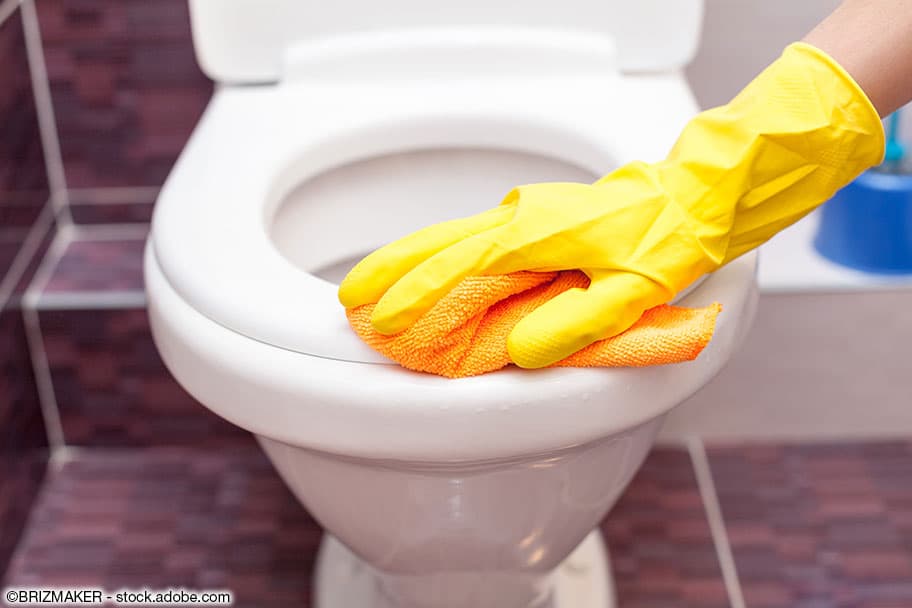 Reinigung eines weissen Toilettensitzes mit einem orangen, weichen Lappen