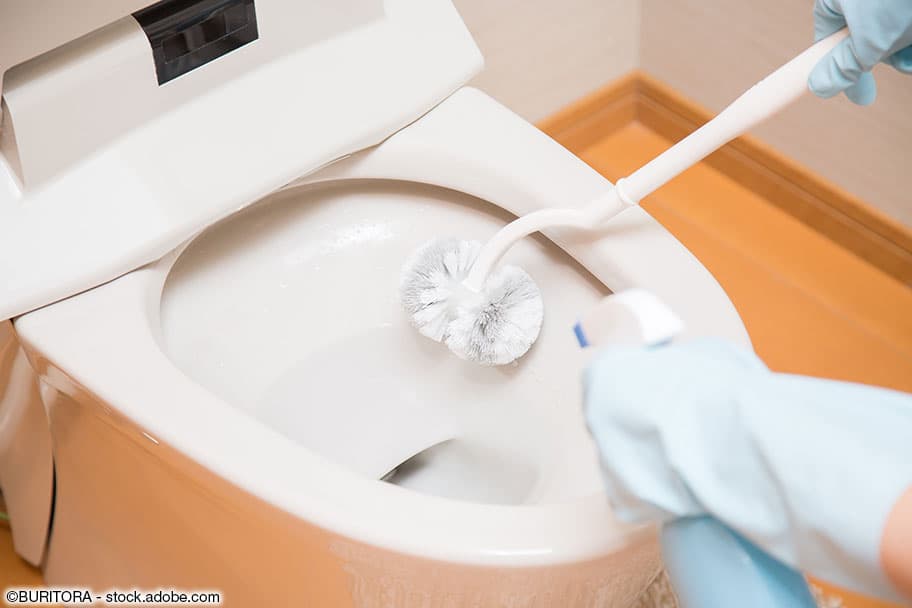 Urinstein in einer weissen Toilette mit Gebissreiniger entfernen.