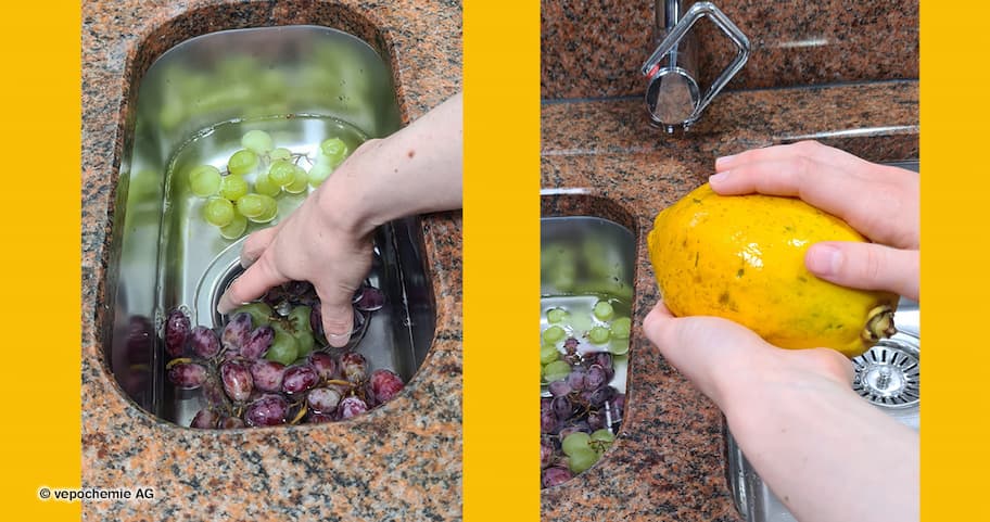 Je nach Sorte werden die Früchte und Gemüse entweder im Wasserbecken oder von Hand unter dem Wasserhahn gewaschen.